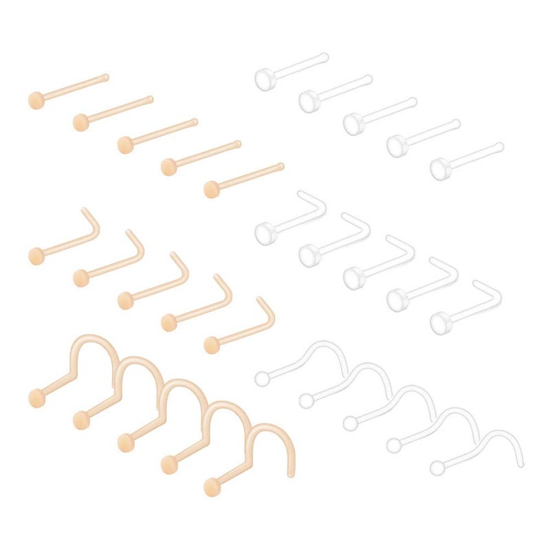 MODRSA 18g 20g Clear Nose Rings Retainer L-shaped Nose Studs Screw Flexible Flesh Skin Color CZ Gem High Nostril Pin Bone Flat Top Small Nose Piercing Retainer for Work Surgery 7mm bar - Image 1